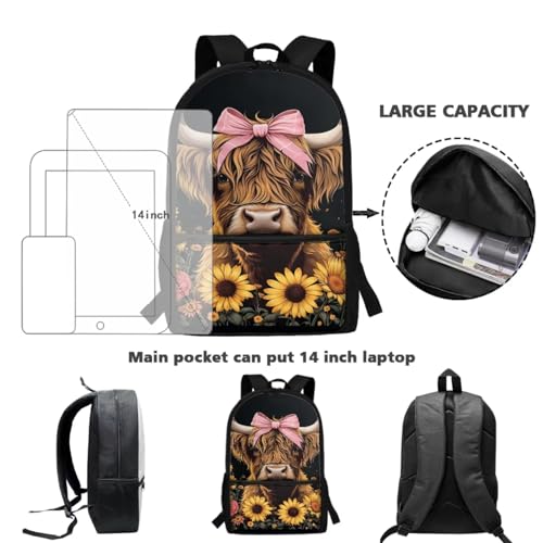 Highland Cow Kids School Backpack with Lunch Box 8-10/6-8 Black Bookbag Lunch Bag Pencil Pen Box Water Bottle Holder Kindergarten School Daycare Bag Satchel Bag 4pcs/set4