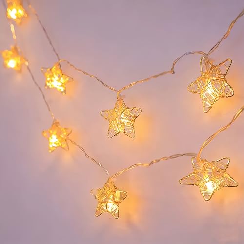HHMTAKA Filo di luci a forma di stella in rete metallica dorata, 1,5 m, 10 LED a batteria bianco caldo su cavo trasparente, per camera da letto, soggiorno, ufficio e uso interno