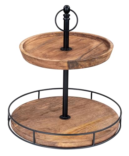 levandeo Etagere Holz 2 Etagen H38cm Akazienholz Schwarz Natur Servierplatte Kuc