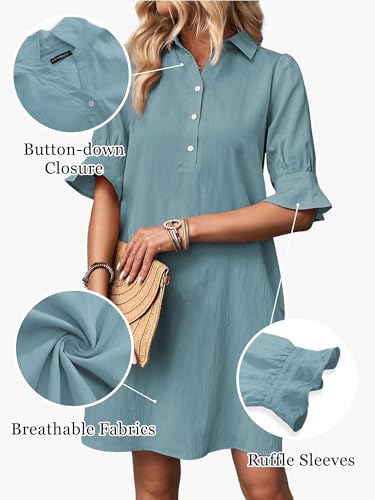 Image of FENSACE Womens Casual Shirt Dress Ruffle Sleeve Button Down Shift Summer Dresses with Pockets