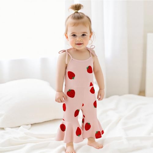 Emmababy Baby Girl Strawberry Jumpsuit Toddler Bell Bottom Romper Tie Shoulder Flare Jumpsuit Kids Strawberry Birthday Outfit3