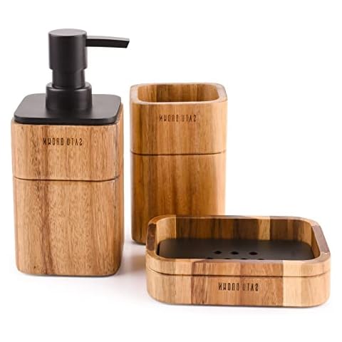 Lunavita Bathroom Accessories Set 3 Piece Bath Ensemble Includes Soap Dispenser, Bathroom Tumbler, Soap Dish Accessories for Decorative Countertop and Housewarming Gift,Acacia Wood Cover