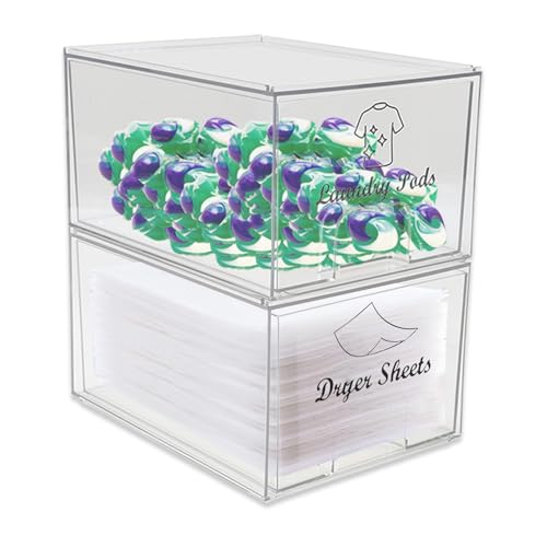 Gzsekken Laundry Pods Storage Container with Lid,2 Pack Laundry Storage Containers for Washing Pods and Dryer Sheet,Clear Laundry Drawer Organiser for Powder, Detergent, Scent Booster Storage