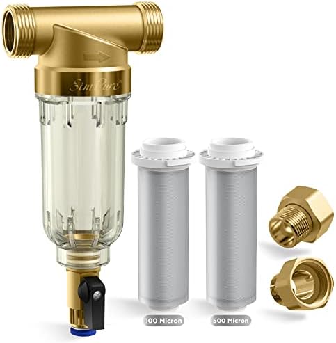 SimPure 100/500 Micron Spin Down Sediment Filter, Reusable Whole House Sediment Water Filter, Pre-Filtration System for City/Well Water, 1" MNPT + 3/4" FNPT + 3/4" MNPT, BPA Free