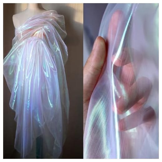 3 Yard Iridescent Holographic Gauze Fabric,Magic Rainbow Laser Gradient Organza Lace Fabric for Wedding Dress,Curtain Background,Party Decor,DIY Supplies (Magic White)