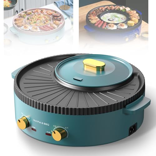 Electric Indoor Grill and Hot Pot Combo, Non-Stick Baking Pan with Dual Temperature Control, Smokeless Searing Grill for 2-6 People
