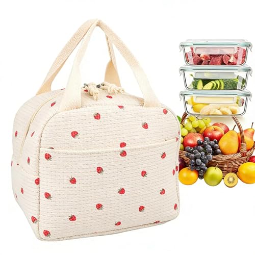JUNJIEFU Bolsa de almuerzo de 9 l, bolsa de almuerzo aislada para mujer, bolsa isotérmica reutilizable, bolsa de almuerzo de pana fresa beige para trabajo, escuela, pícnic, playa