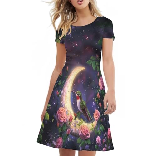 Image of HUGS IDEA Womens Puffy Swing Midi Dress Round Neck Short Sleeve Party A-Line Dresses