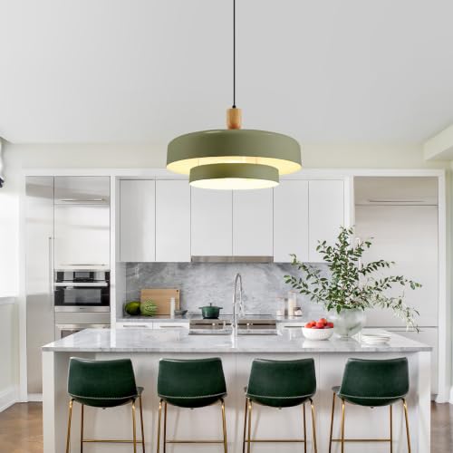 Image of Olive Green Pendant Light, Wood Accent Adjustable Hanging Lamp