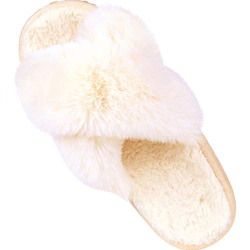 Comwarmwomens Cross Band Fuzzy Slippers Fluffy Open Toe House