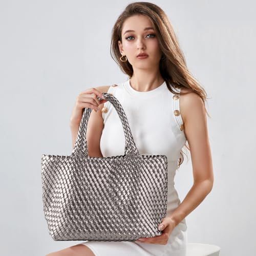 Image of Woven Tote Bag for Women Retro Handwoven Shoulder Travel Handbag Large Capacity Hobo Vegan Leather Bags with Purse