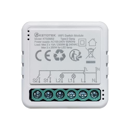 KETOTEK Relè Interruttore Intelligente WiFi 2 Canali Compatibile Con Alexa, Modulo Interruttore Luce WiFi 2 Gang 1 Via/2 Via 220V Controllo delle Smart Life/Tuya App, È necessario un Filo di Neutro