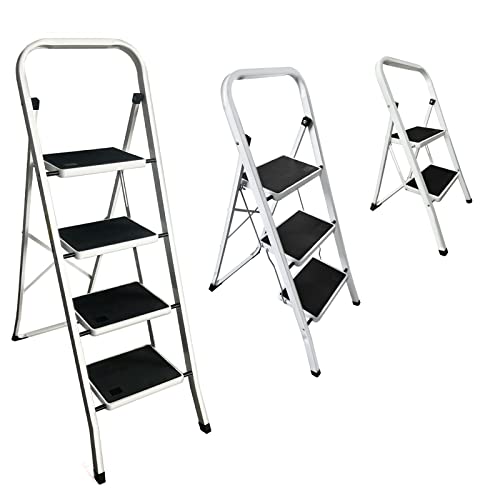 Escabeau pliable à 2 marches en acier robuste avec main courante pour utilisation en intérieur ou en extérieur