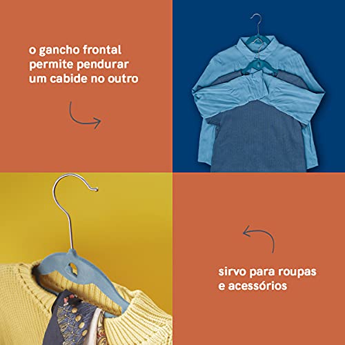 Conjunto Cabide de Veludo Ultrafino com Gancho Azul 3Pcs - Oikos