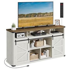 VASAGLE TV Stand for TVs up to 65 Inches, Farmhouse Entertainment Center with Sliding Barn Doors, TV Console Table for Living Room, Rustic White and Honey Brown ULTV322W73