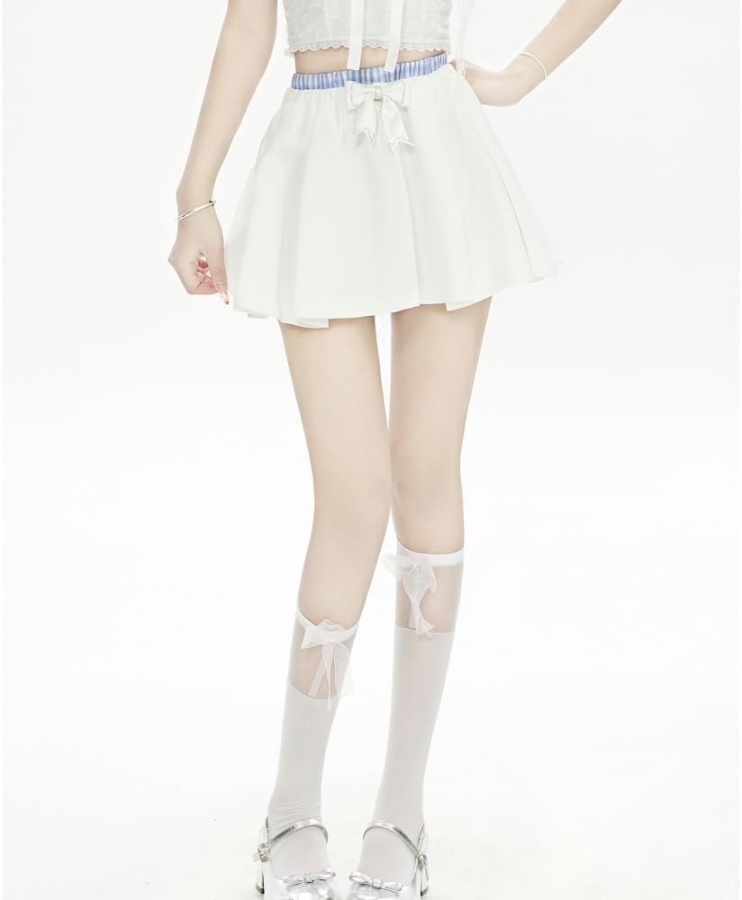 [hurtbasuketto] フェイクツー ミニスカート ダブルウエスト プリーツスカート フレア レディース ボトムス Aライン