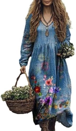 Women’s Boho Floral V-Neck Maxi Dress Long Sleeve Vintage Loose Fit Dress for St Patrick’s Day Casual Holiday Wear