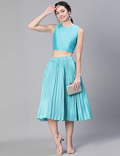 Image of oxolloxo Women Solid Blue Dupion Silk Pleated & Elasticated Skirt