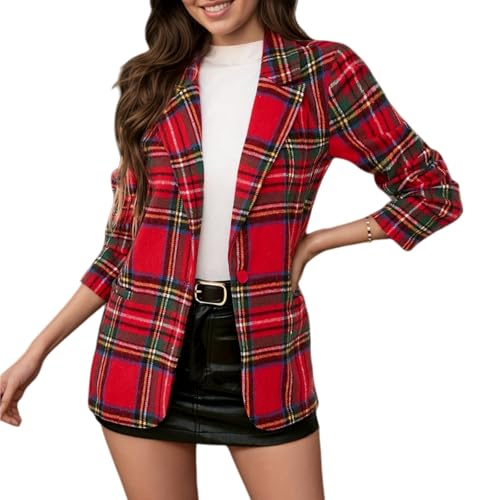 Karierte Blazer-Jacke für Damen, lässig, Revers, lange Ärmel, kariert, Cropped-Jacke, Weihnachten, Oberbekleidung, Winter, formelle Blazer-Jacken,...