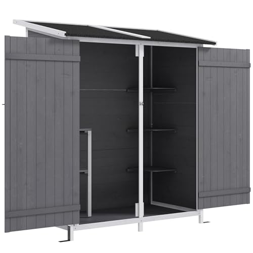 Outsunny Caseta de Jardín de Madera 139x75x160 cm Cobertizo para Almacenaje de Herramientas con Techo Asfáltico Estantería Móvil Puertas con Cerrojo y Sistema Anti-vuelco Gris