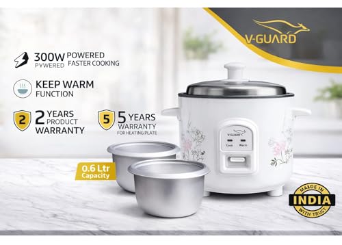 Image of V-Guard VRC 0.6 Litre Electric Rice Cooker Small with 300 W Power | 2 Pots, Spatula, Rice Separator | 2-Year Product & 5-Year Heating Plate Coverage by V-Guard - Keep Warm function.