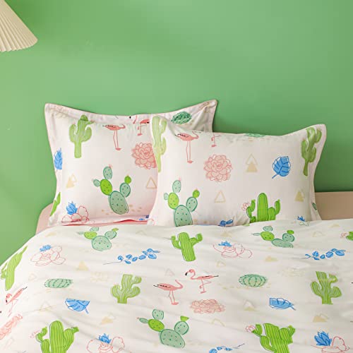 Simple&Opulence 100% Organic Cotton Duvet Cover For Kids Teens, 4 Pieces Soft Comforter Cover With Zipper Closure Warm Adorable Flamingo Bedding Set - Cactus, Full/Queen #TOP4