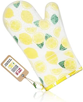 Gawinco Silicone Oven Mitt, Heat Resistant Oven Glove, Funny Kitchen Oven Mitt with Quilted Cotton Lining, Waterproof Pot Holder for Cooking Baking (Yellow Lemon)