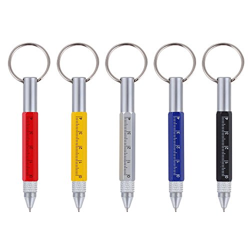 Shulaner 6 in 1 Small Metal Tech Tool Ballpoint Pens with Key Ring, Ruler, Stylus and Two-head Screwdriver, Multi functional Tool Fits for Mens or Women, Pack of 5