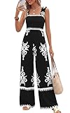 PRETTYGARDEN Womens Jumpsuit Casual One Piece Boho Summer Outfits Shirred Strap Wide Leg Long Pants Rompers With Pockets (Black White Flower, Medium)