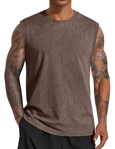 COOFANDY Mens Cotton Sleeveless Tee Shirt Brown Summer Tank Top Acid Wash Beach Tank Breathable Street Wear T Shirt