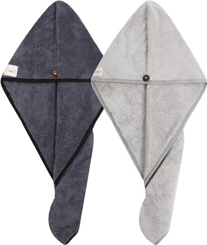 Foto von M-bestl 2 Pack Haartuch Turban, Mikrofaser-Haartrocknungshandtuch mit Knopfdesign zum Trocknen der Haare (Dunkelgrau & Hellgrau