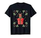 Photo Gallery cute reindeer gift box merry christmas funny cartoon maglietta Photo Gallery cute reindeer gift box merry christmas funny cartoon maglietta