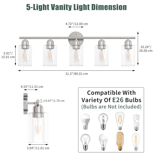 Image of Bathroom Vanity Light Fixtures Brushed Nickel Bathroom Lighting Fixture, 5 Lights Bathroom Light Fixture Over Mirror, Modern Black Vanity Light, Wall Sconces with Glass Shades
