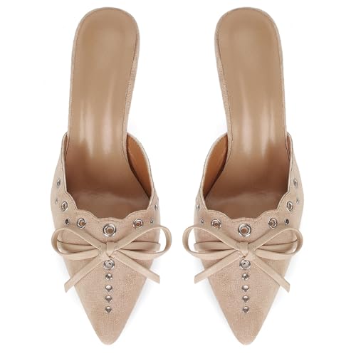 Image of DOEYG Women Pointed Toe Bow Heels Mules Slip on Stiletto Heels Sandals Dress Party Wedding Studded Heels Pumps