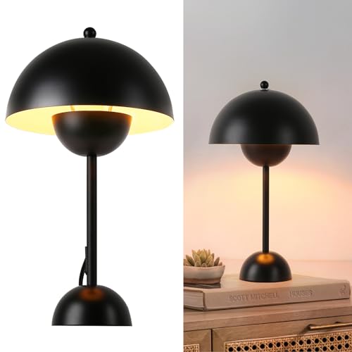 Alpinaluz Lámpara de Mesa Retro de Acero – Diseño Escandinavo con Doble Cúpula Semiesférica, Luz Indirecta, Casquillo E27, para Mesita de Noche, Escritorio o Salón Moderno (Negro)