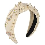 XLSXEXCL Boho Rainbow Daisy Headband - Pearl Knotted Twist Headpiece for Women & Girls, Beige, Sparkly Crystal Rhinestone