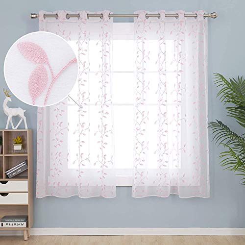 Deconovo Visillos para Ventanas Gasa Efecto Lino Cortina Transparente para Habitación Bebe Infantil 2 Paneles 140 x 138 cm Rosa