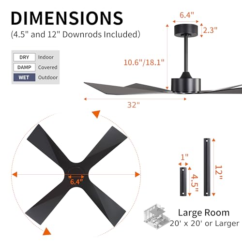 Image of WINGBO 64 inch Wet Rated Outdoor Ceiling Fan without Lights, 4 ABS Plastic Blades, Reversible DC Motor, 6-Speed Remote Control, Waterproof Ceiling Fan No Lights for Patio Porch Gazebo Garage, Black