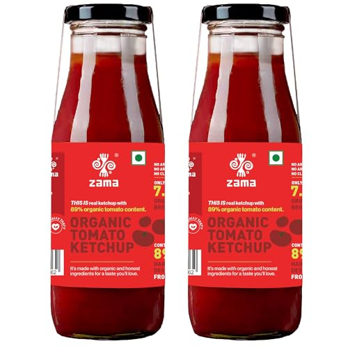 Image of Zama Organic Tomato Ketchup 300g Pack of 2 Glass Bottle | Tomato Sauce | ingredients | Tomatoes | Tangy And Raw Flavour | Traditionally produced | No artificial Dyes and flavours