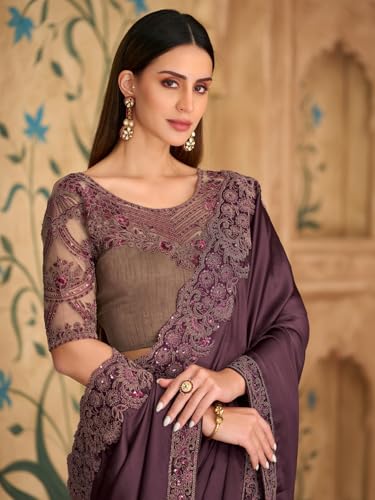 Image of AKHILAM Women's Satin Sequence Embroidery Saree With Unstitched Blouse Piece(SNDLWOD1601 TFH Parent)