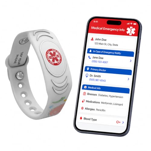 SafeTag Vivélle DinoBand Kids Medical ID Wristband – Emergency Info Bracelet with Instant Parent Notifications, Adjustable Silicone (Snowasaurus)