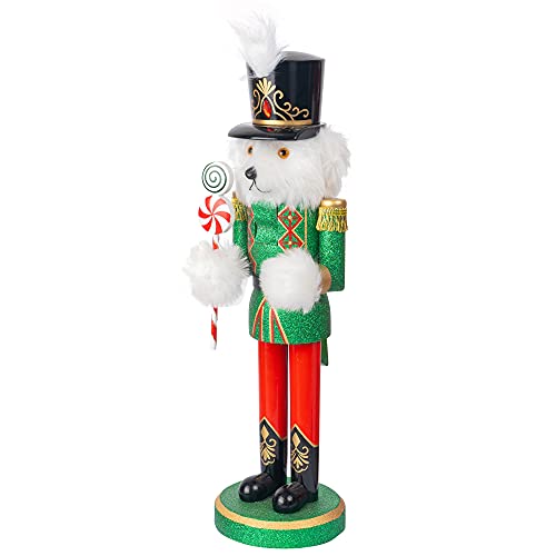 FUNPENY 14\" Christmas Decorative Nutcracker Figures, Wooden White Bear Wear Green Uniform Hold Candy, Festive Collectible Nutcracker Gift for Indoor Winter Table Desktop Fireplace Decorations