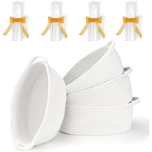 4 Pack Small Woven Basket with Handles, All 12"x 8"x 5", Cotton Rope Room Shelf Storage Basket, Cat Toys, Cute Baby Gift Basket with Gift Bags and Ribbons for Nursery, Empty Decorative Gift Chest Box
