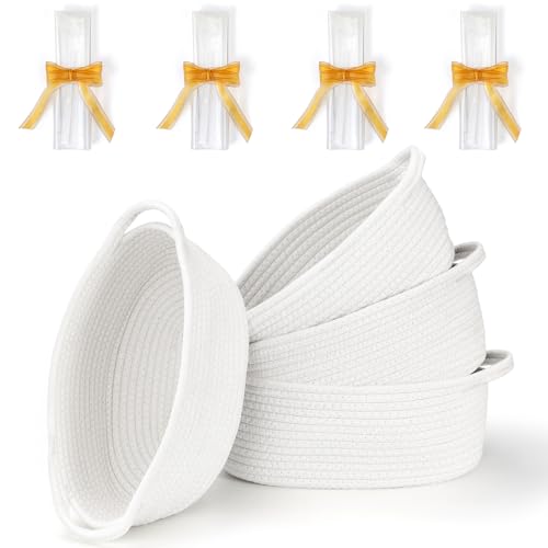 4 Pack Small Woven Basket with Handles, All 12"x 8"x 5", Cotton Rope Room Shelf Storage Basket, Cat Toys, Cute Baby Gift Basket with Gift Bags and Ribbons for Nursery, Empty Decorative Gift