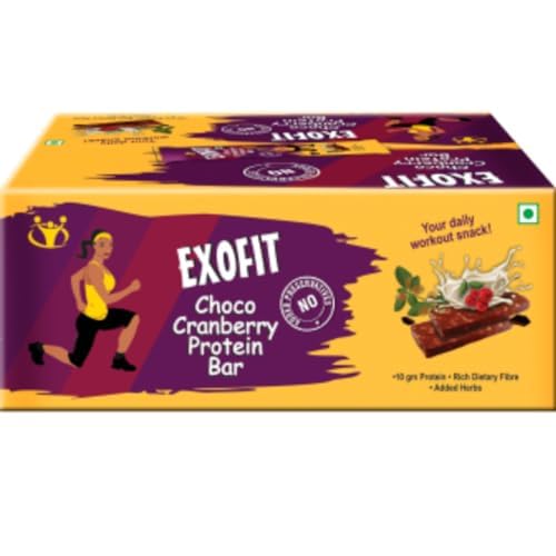 Image of Exofit Choco Cranberry Protein Bar 35 gm (Pack of 4 Bar) Protein Blend, High fiber, Low Calories & Carbs, No Added Preservatives, No Added Sugar - 140g