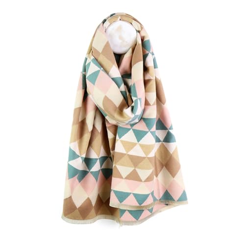 Image of POM Collection Womens Winter Jacquard Scarf Versatile Design (Beige & Pink Mix Triangle, 70cm x 185cm)