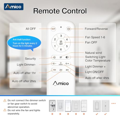 Image of Amico 52 Inch Smart Ceiling Fans with Lights, Downrod Mount, Black | Compatible with Alexa /Remote /App, Sloped, 6 Speeds, Dimmable 3CCT, Quiet Reversible DC Motor, Timer, Bedroom, Living room