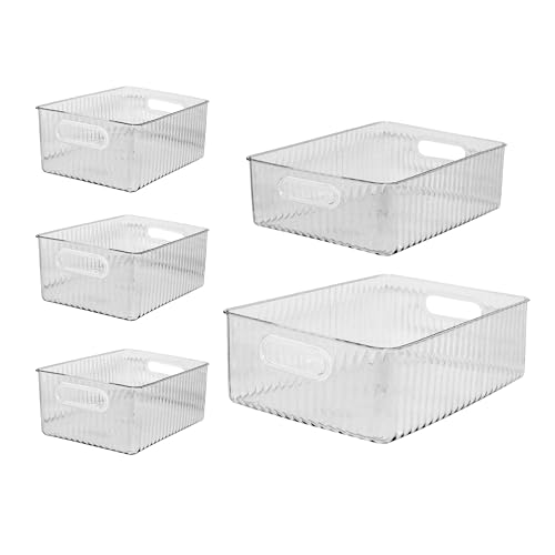 Oggi Set of 5 Clear Fluted Storage Bins with Handle - Durable Plastic Organizers for Fridge, Pantry, Cabinets & Countertop, Modern Farmhouse Style, 5 Sizes for Kitchen Organization and Storage