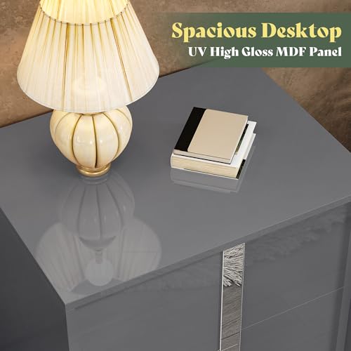 Image of AMERLIFE Nightstand, 23.6'' Modern End Table with Drawers, High Gloss UV Finish, Electroplated Pull Handle, Bedside Table for Bedroom, Grey