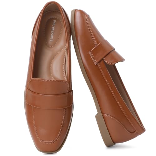 Image of festooning Women's Pointed Loafers Flat Slip On Work Shoes with Metal Buckle, Formal Office Casual Daily Moccasins Brown 5